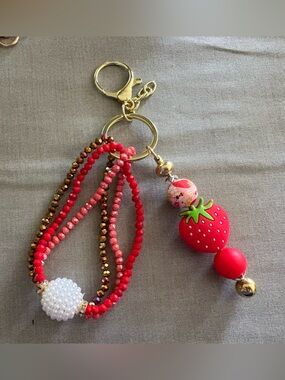 Strawberry Beaded Keychain with Red and Gold Accents